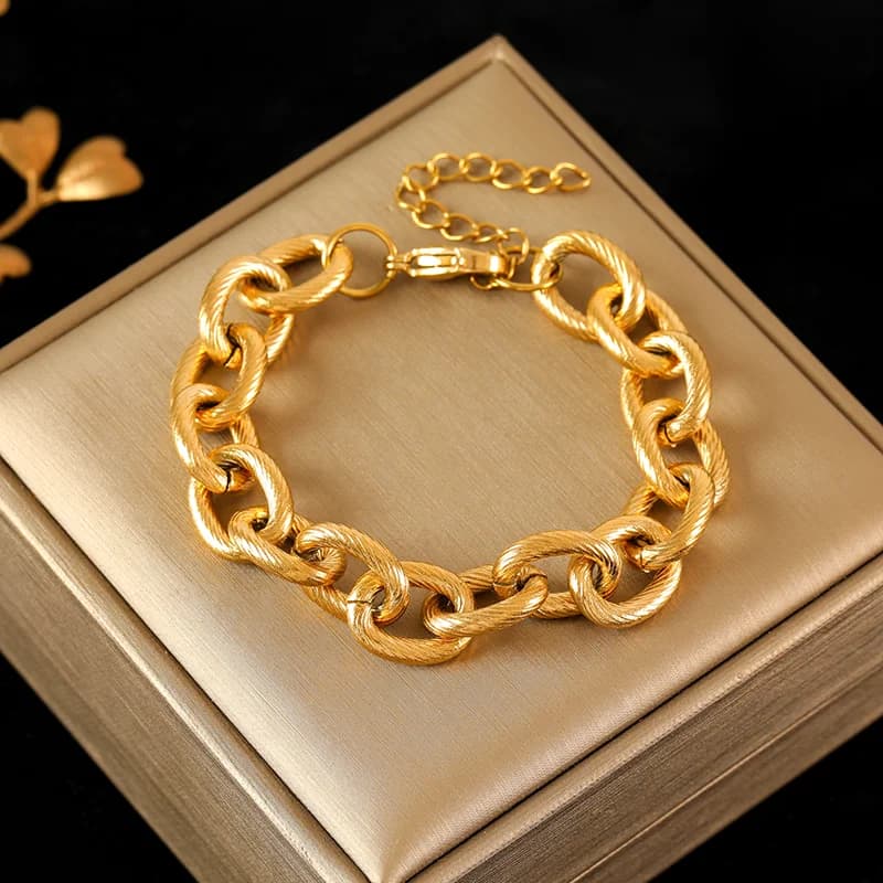 Bracelet jonc chaîne épaisse géométrique, plaqué or