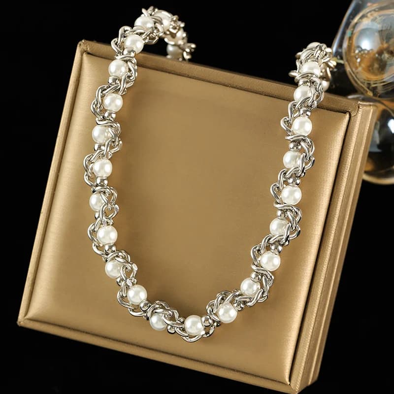 Parure collier et bracelet chaîne perles, argenté