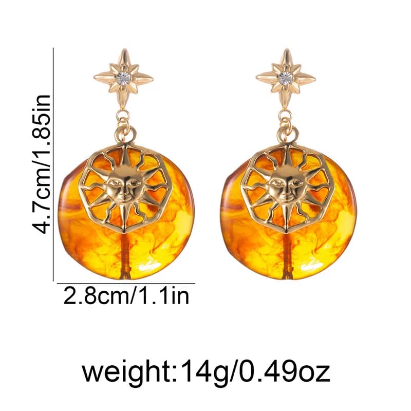 Boucles d'oreilles pendantes soleil étoile ambrées vintage