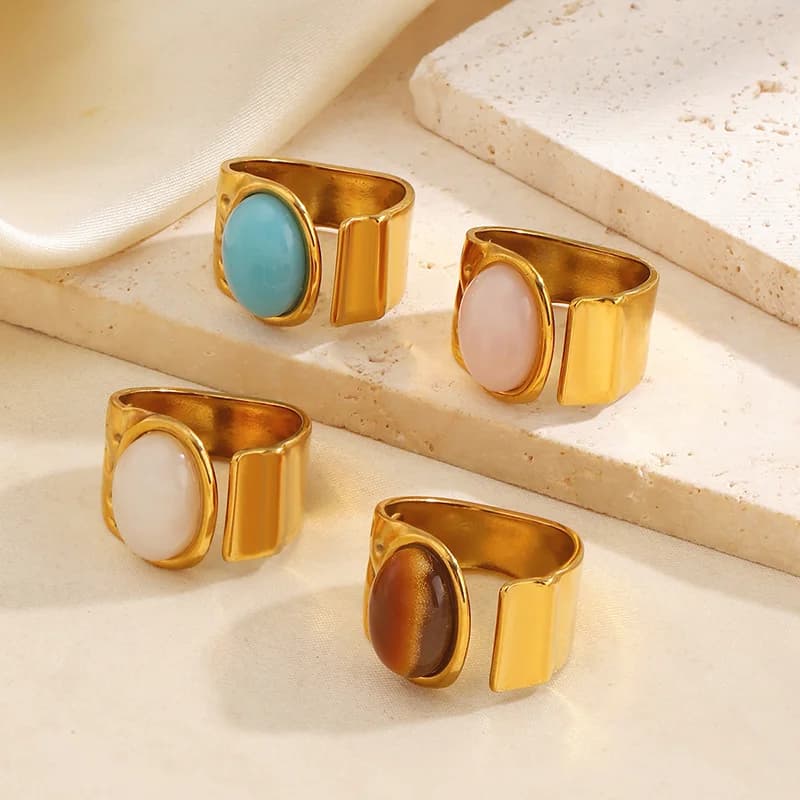 Bague ajustable vintage ovale en pierre, acier inoxydable