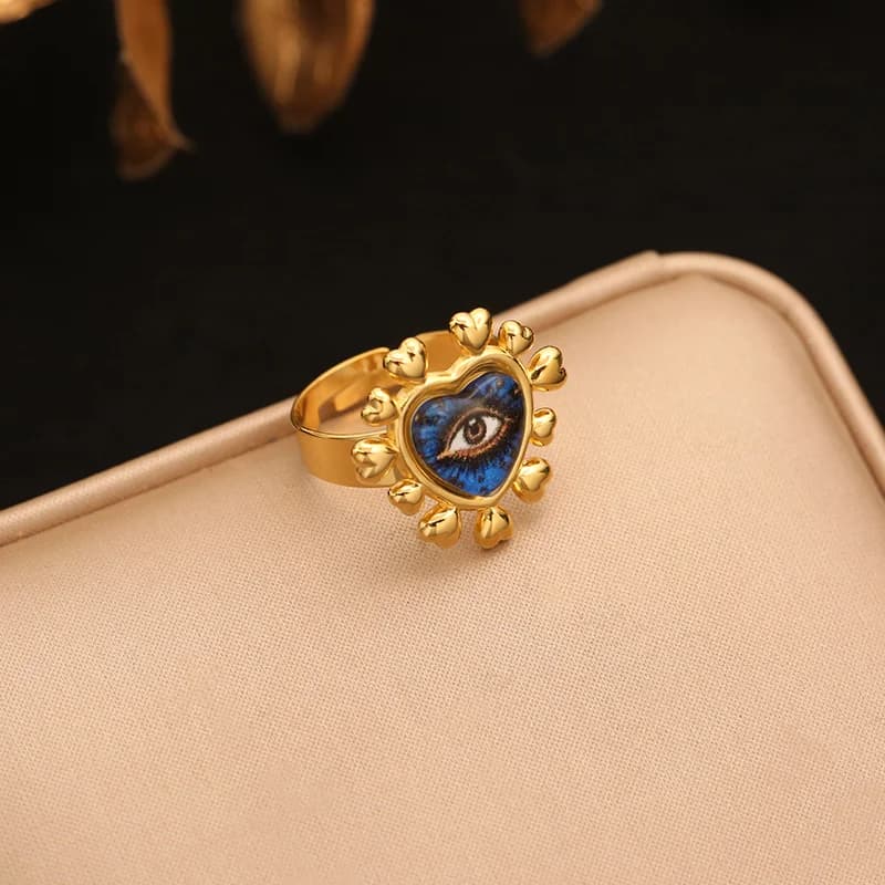 Bague Cœur Œil Bleu Réglable, Acier Inoxydable 316L