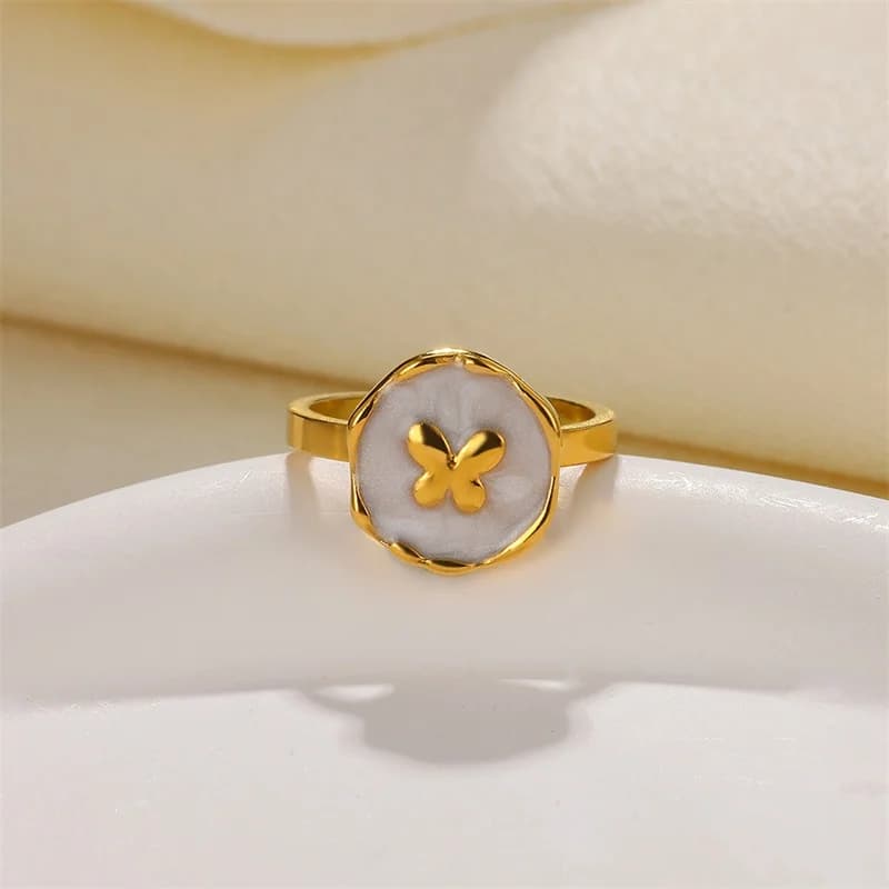 Bague réglable étoile de mer et coquillage en émail, acier inoxydable