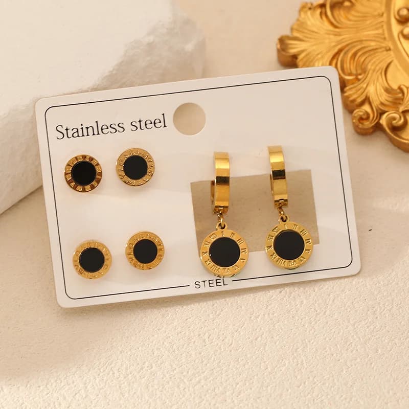 Ensemble de 3 paires de boucles d'oreilles rondes avec chiffres romains noirs