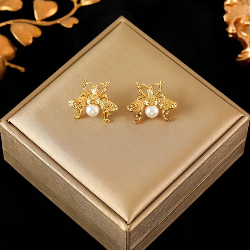 Boucles d'oreilles puces abeille et perle