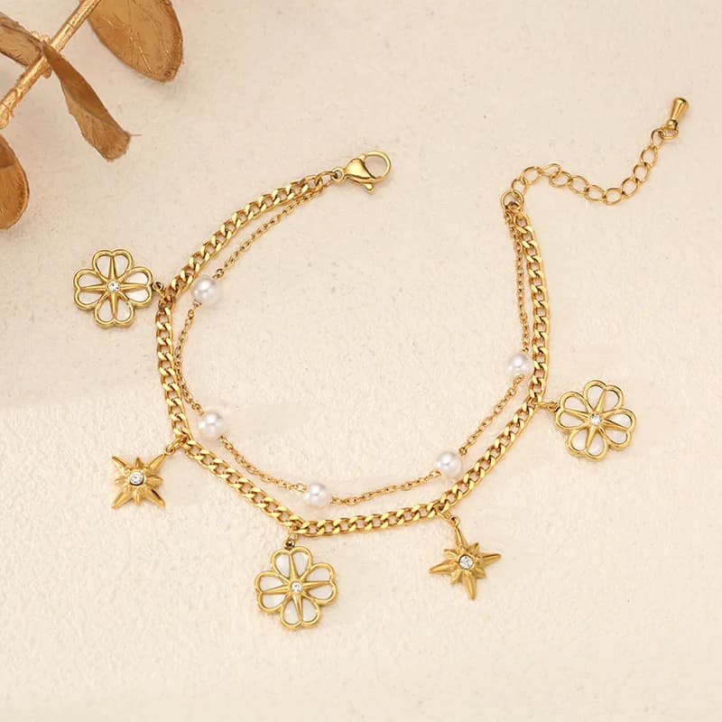 Bracelet Charm Fleurs et Étoiles avec Perles