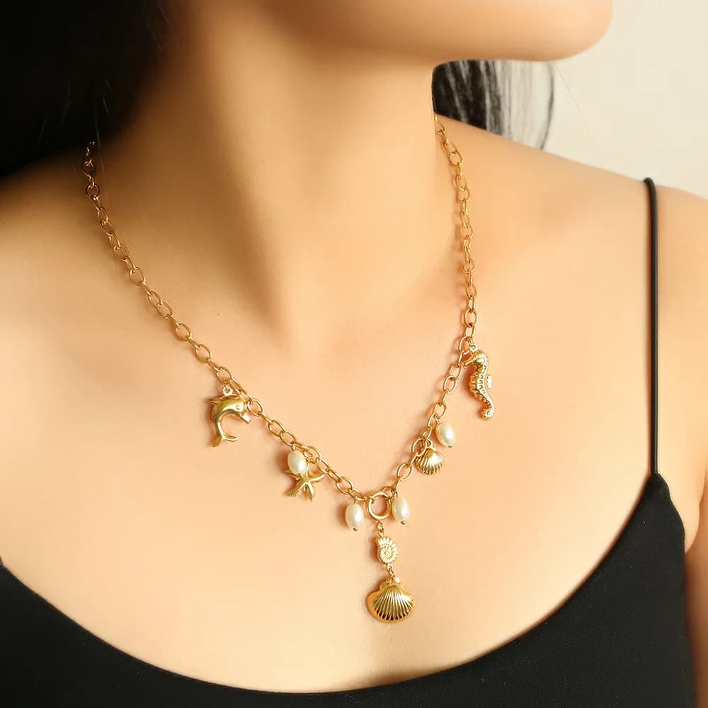 Collier pendentif coquillage océan en acier inoxydable