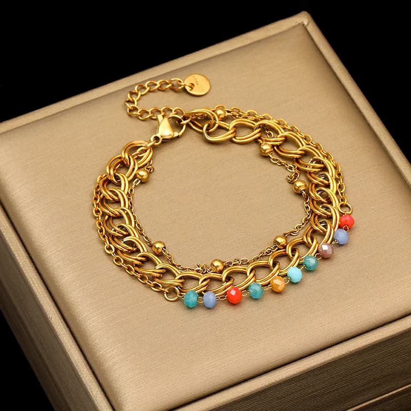 Bracelet large multi-rangs en acier inoxydable doré