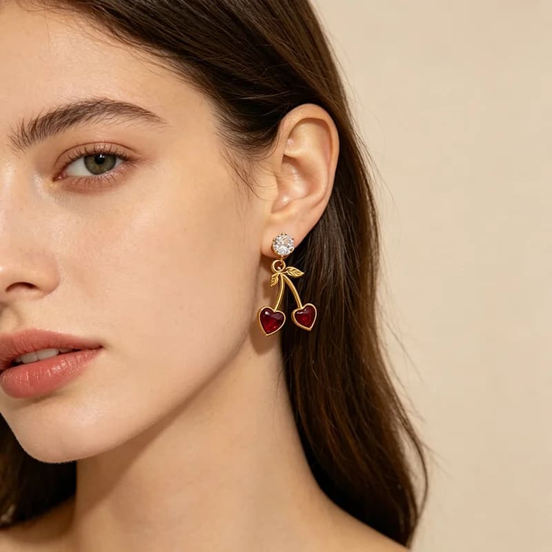 Boucles d'Oreilles Puces Cerise Zircon, Acier Inoxydable Étanche