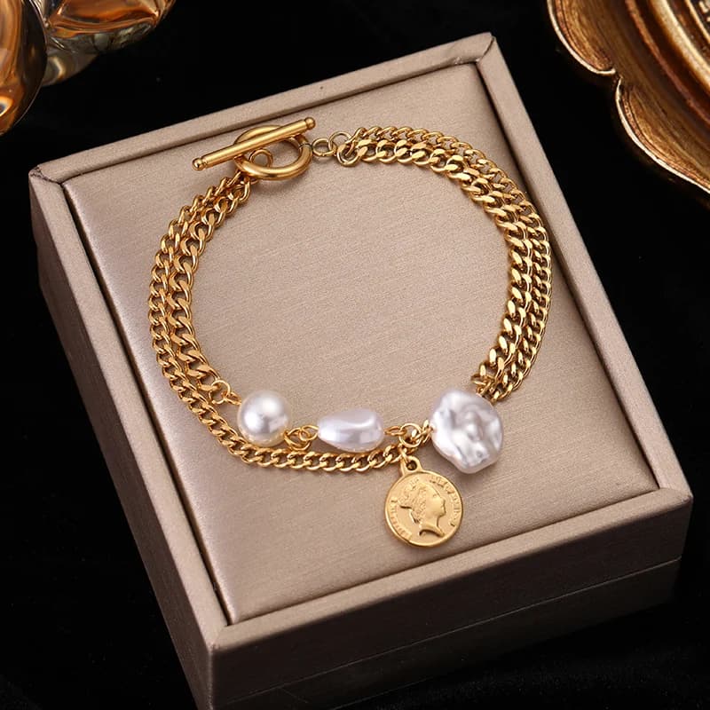 Bracelet large multi-rangs en acier inoxydable doré