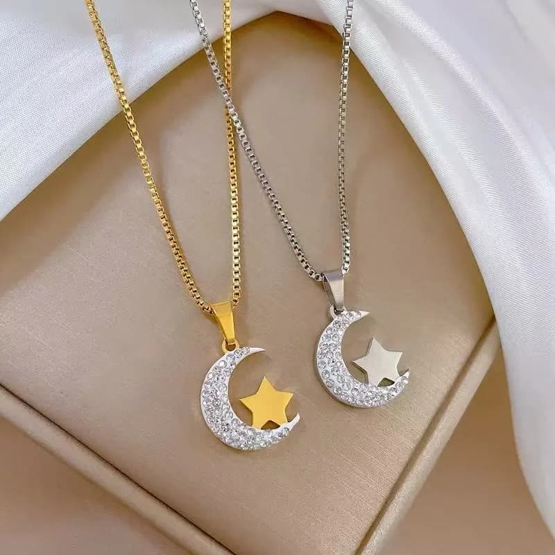 Collier Pendentif Lune Étoile, Acier Inoxydable