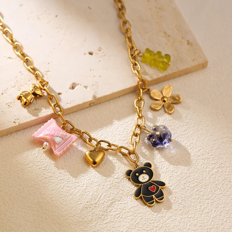 Collier pendentif à multiples breloques, placage PVD or 18K