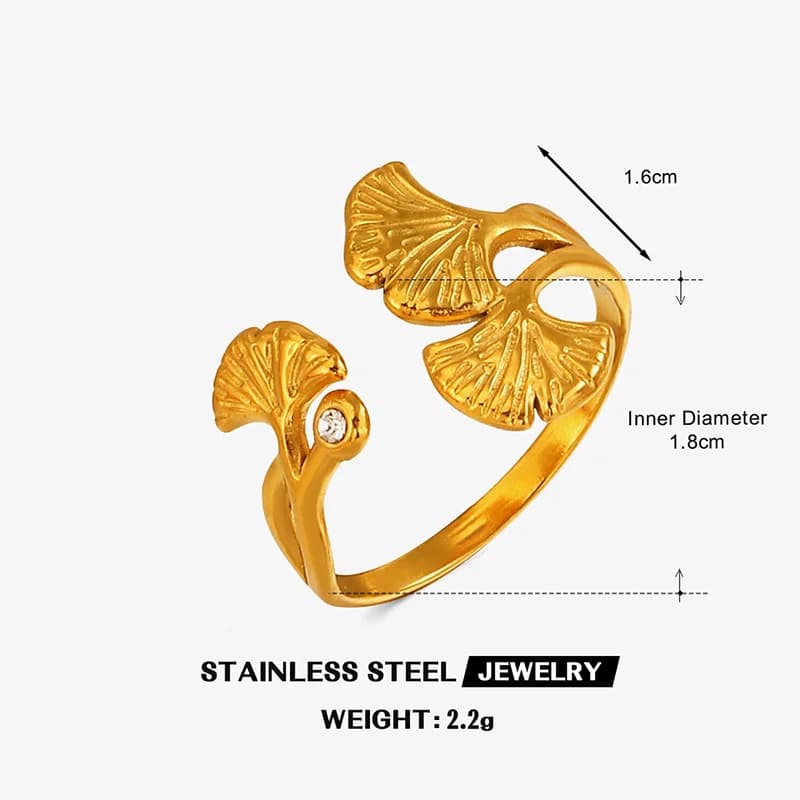 Bague ajustable Feuille de Ginkgo et Zircons, Acier inoxydable