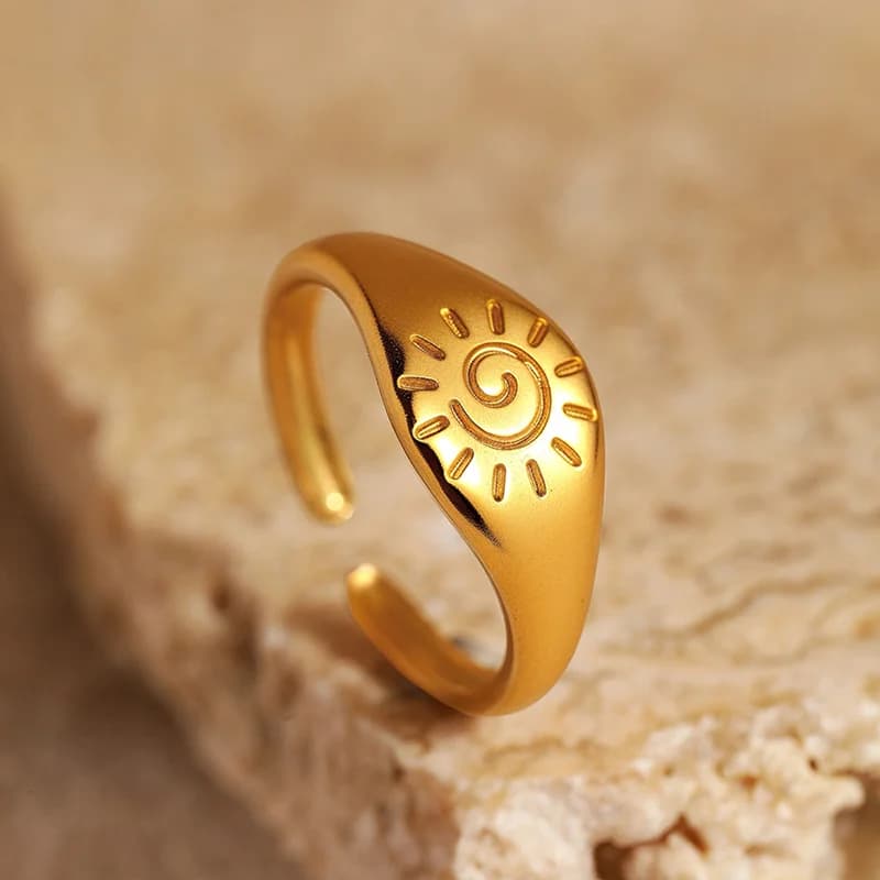 Bague réglable soleil vintage, acier inoxydable plaqué or