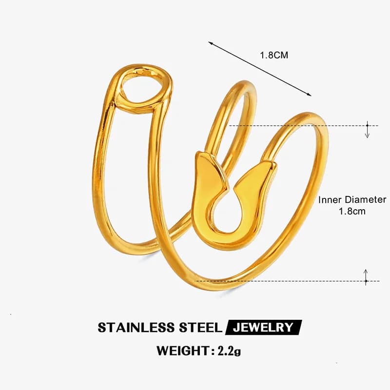 Bague ouverte réglable en forme d'épingle, plaquée or 18K PVD