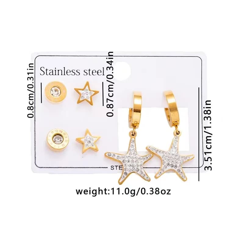 Lot de 3 Paires de Boucles d'Oreilles Puces Étoile à 5 Branches en Zircons