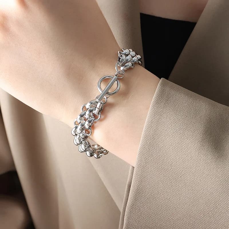 Bracelet jonc chaîne argenté, acier inoxydable