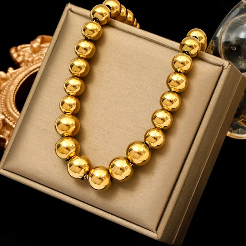 Collier à perles pleines, acier inoxydable doré