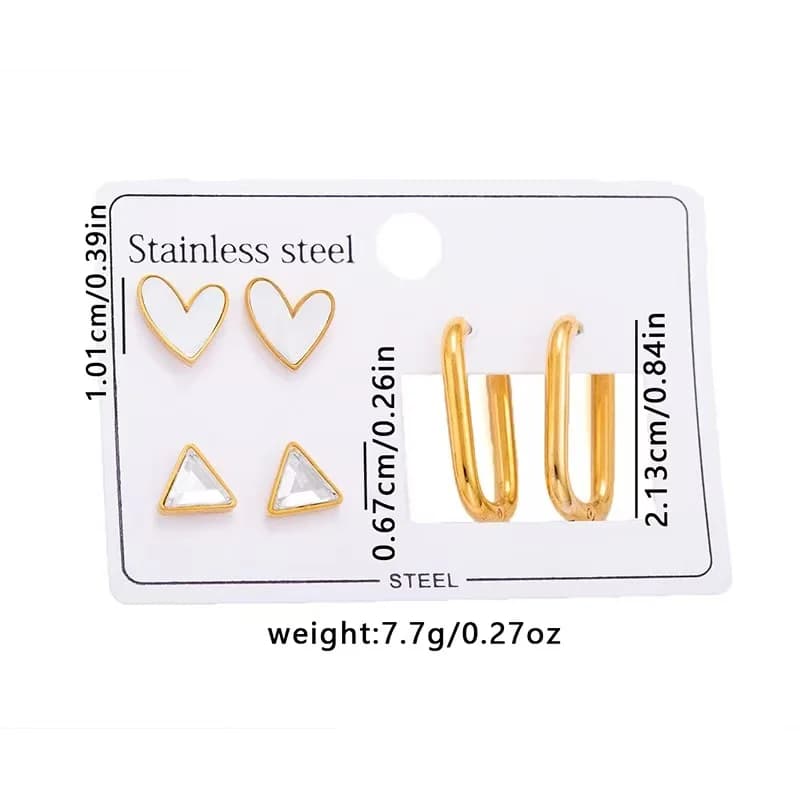 Set de 3 paires de créoles et puces cœur triangulaire