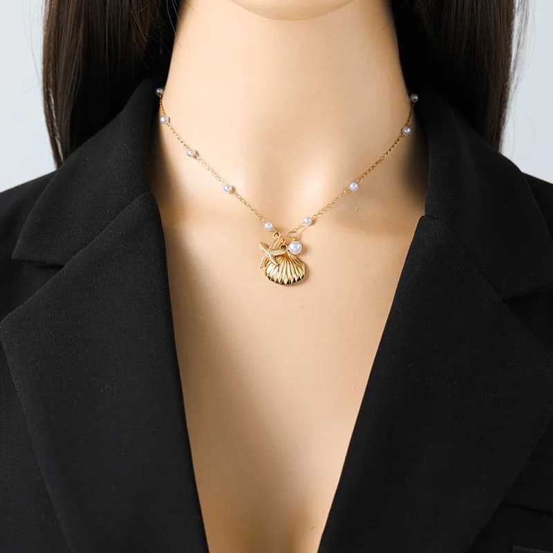 Collier Pendentif Étoile de Mer Coquillage Perle en Acier Inoxydable
