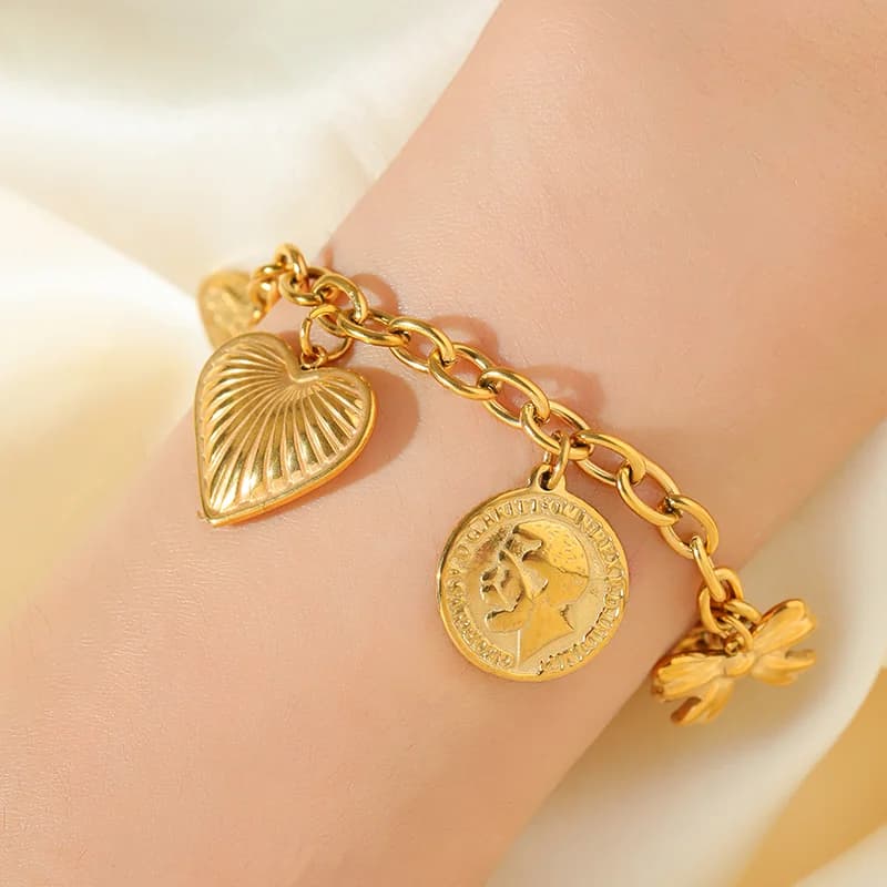 Bracelet charms cœur et soleil, or, placage PVD