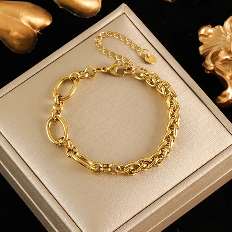 Parure Collier et Bracelet Chaîne Asymétrique, Or