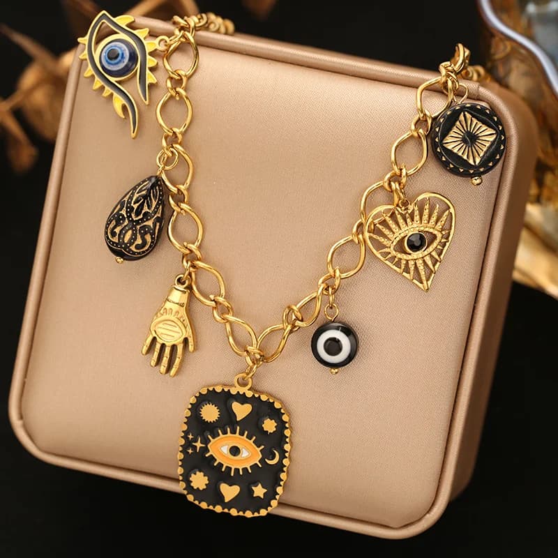 Collier pendentif à multiples breloques, placage PVD or 18K