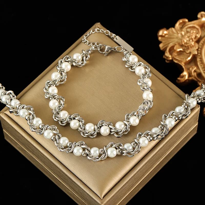 Parure collier et bracelet chaîne perles, argenté