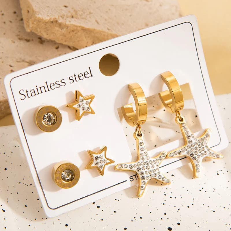 Lot de 3 Paires de Boucles d'Oreilles Puces Étoile à 5 Branches en Zircons