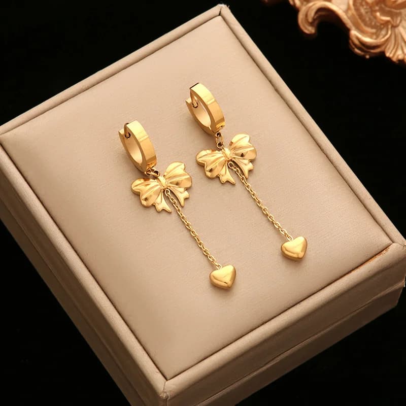 Boucles d'oreilles pendantes longues à double cœur, acier inoxydable 316L