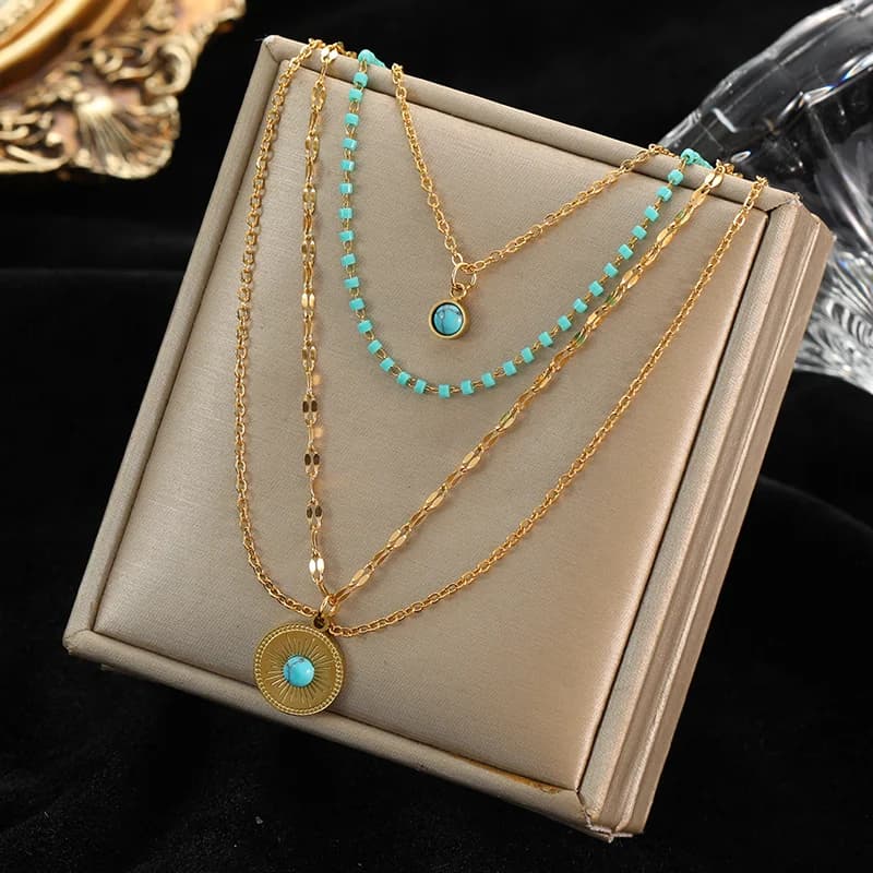 Collier Ras-du-cou Multicouches Pendentif Pierres Vertes