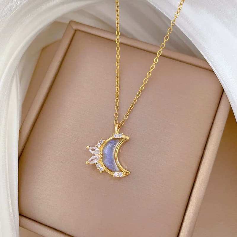 Collier pendentif feuille en acier inoxydable 316L avec zircons
