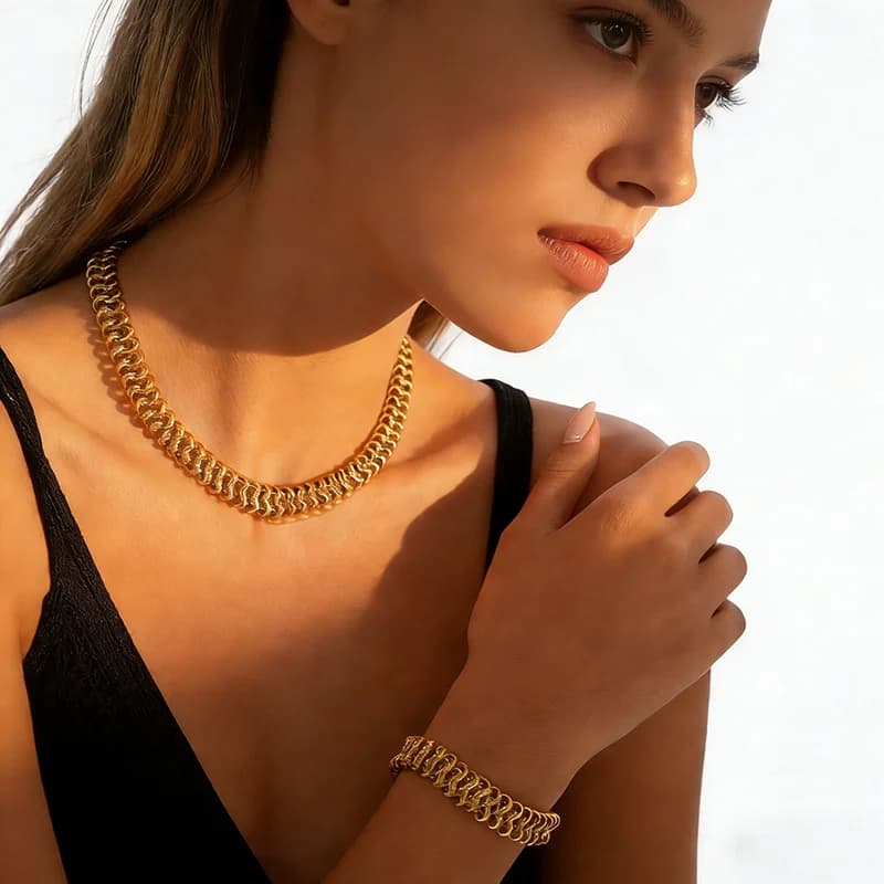 Parure Collier et Bracelet Chaîne Épaisse Plaqué Or