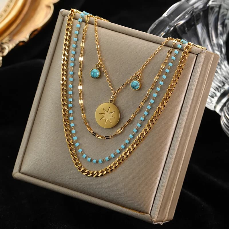 Collier Ras-du-cou Multicouches Pendentif Pierres Vertes