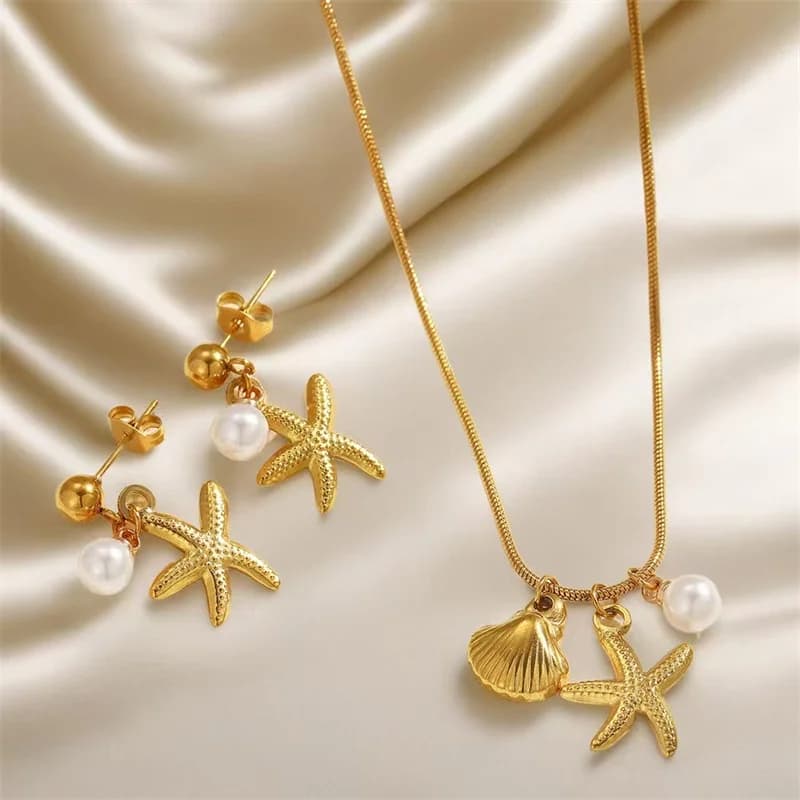Parure Collier et Boucles d'Oreilles Étoile de Mer Perle Coquillage