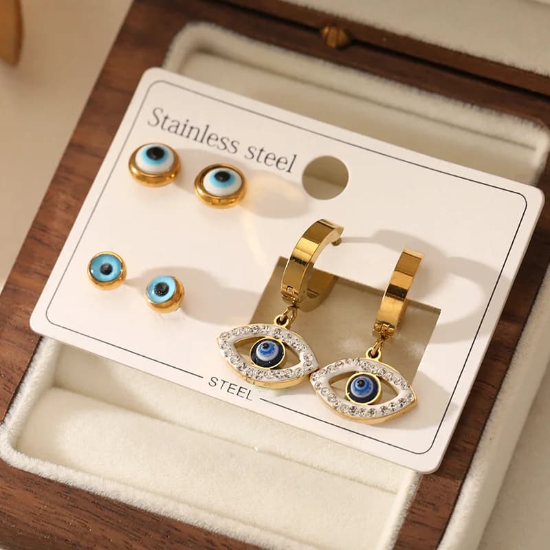 Lot de 3 paires de boucles d'oreilles puces Zirconium bleu œil